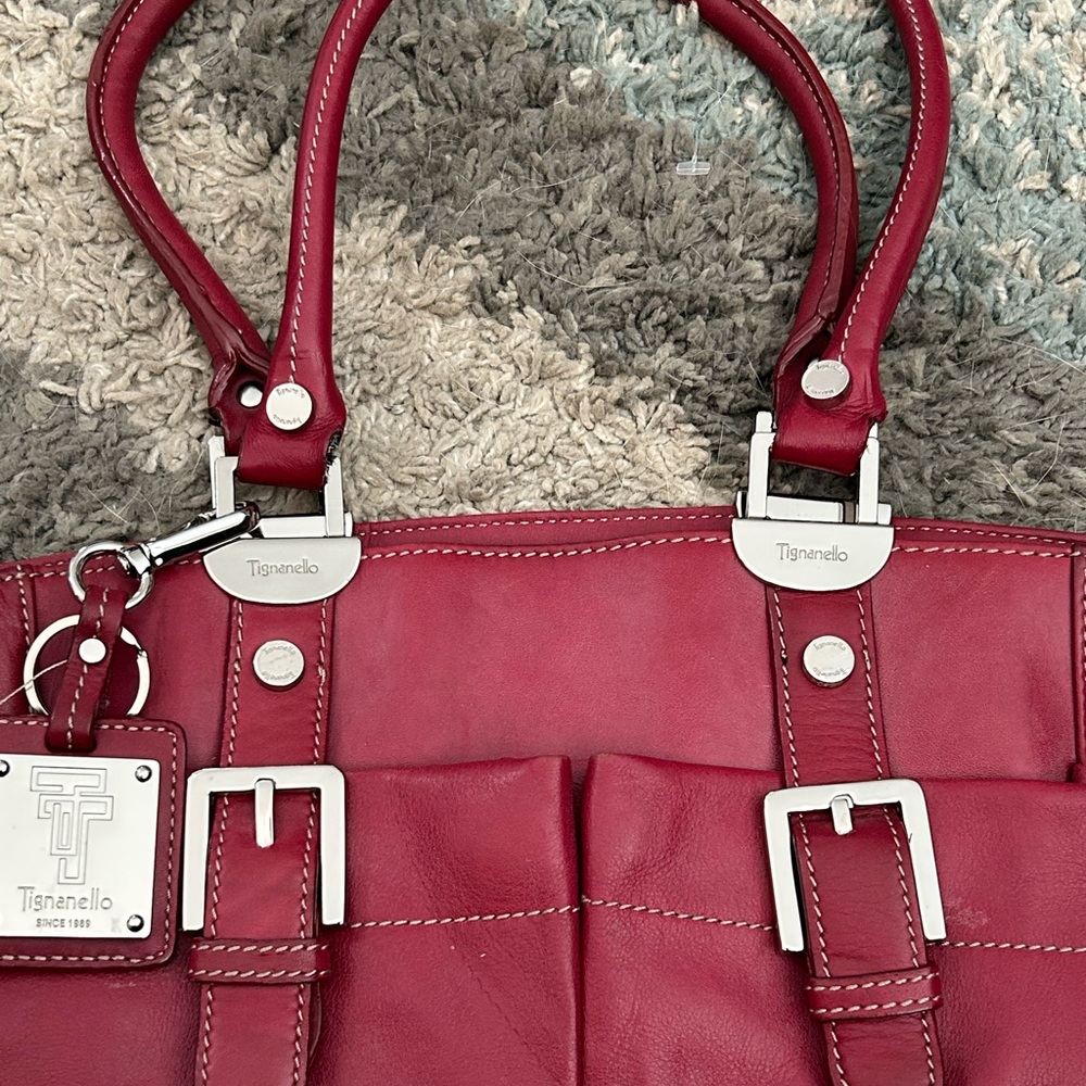 Tignanello Leather Y2K Red Shoulder Bag w Silver Accent Buckle Pockets Stunning - Picture 13 of 14